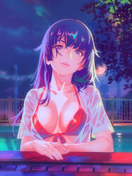 Rule 34 | 1girl, bakemonogatari, bikini, blue eyes, breasts, cloud, cloudy sky, collared shirt, commentary request, eyelashes, front-tie bikini top, front-tie top, full moon, hair over one eye, highres, long hair, looking at viewer, medium breasts, monogatari (series), moon, night, night sky, open clothes, open shirt, outdoors, parted lips, pool, purple hair, purple sky, rapa rachi, red bikini, revision, senjougahara hitagi, shiny skin, shirt, short sleeves, sidelocks, sky, solo, star (sky), starry sky, swimsuit, upper body, wet, wet clothes, wet hair, wet shirt