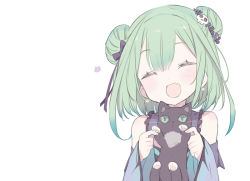 Rule 34 | 1girl, :d, ^ ^, animal, black cat, blade (galaxist), blue dress, blue sleeves, blush, bow, cat, closed eyes, detached sleeves, double bun, dress, facing viewer, fang, flower, green eyes, green hair, hair between eyes, hair bow, hair bun, hair flower, hair ornament, hands up, holding, holding animal, hololive, long hair, long sleeves, open mouth, purple bow, purple flower, simple background, skull hair ornament, sleeveless, sleeveless dress, sleeves past wrists, smile, solo, upper body, uruha rushia, uruha rushia (1st costume), virtual youtuber, white background, wide sleeves