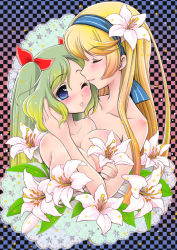Rule 34 | 2girls, bare shoulders, blonde hair, blue eyes, blush, breasts, checkered background, closed eyes, doily, eyelashes, flower, gradient background, gradient hair, green hair, hair flower, hair ornament, hairband, houjyouin, large breasts, light smile, lily (flower), long hair, multicolored hair, multiple girls, nude, original, parted lips, sparkle, twintails, upper body, wince, yuri