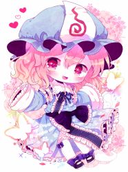 Rule 34 | 1girl, :d, ankle bow, ankle ribbon, bad id, bad pixiv id, black footwear, blue dress, blue hat, blue ribbon, blush, bow, bug, butterfly, checkered background, cherry blossoms, chibi, collared dress, dress, frilled bow, frilled dress, frilled legwear, frilled shirt collar, frilled sleeves, frills, full body, haru431, hat, heart, highres, hitodama, insect, leg ribbon, long sleeves, mary janes, mob cap, neck ribbon, open mouth, outstretched arms, pink background, pink eyes, pink hair, ribbon, saigyouji yuyuko, shoes, short hair, smile, solo, sparkle, sparkling eyes, spread arms, touhou, triangular headpiece, white legwear