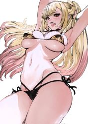 Rule 34 | 1girl, armpits, arms behind head, arms up, bead bracelet, beads, bikini, black bikini, blonde hair, bracelet, breasts, commentary, covered erect nipples, cowboy shot, ear piercing, from below, gradient hair, groin, hands in hair, highres, holding, holding hair, houden eizou, jewelry, kitagawa marin, large breasts, long hair, looking at viewer, multicolored hair, navel, necklace, open mouth, piercing, pink hair, print bikini, red eyes, side-tie bikini bottom, simple background, solo, sono bisque doll wa koi wo suru, swimsuit, teeth, upper teeth only, white background