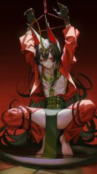 Rule 34 | 1girl, animal ears, arknights, arms up, ass, barefoot, black hair, bound, bound wrists, breasts, fingernails, hair between eyes, highres, horns, iumu, jewelry, long hair, looking at viewer, necklace, nipples, paid reward available, red eyes, sharp fingernails, single horn, small breasts, solo, spread legs, tail, tiptoes, very long hair, ya (arknights)