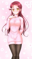 Rule 34 | 10s, 1girl, arm behind back, black pantyhose, blush, cherry blossoms, ckst, dress, finger to mouth, floral background, half updo, highres, long hair, long sleeves, looking at viewer, love live!, love live! sunshine!!, pantyhose, pink background, pink sweater, red hair, ribbed sweater, sakurauchi riko, smile, solo, sweater, sweater dress, turtleneck, turtleneck sweater, yellow eyes