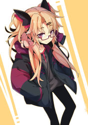 Rule 34 | 1girl, akatsuki uni, black jacket, black pantyhose, black shirt, blonde hair, blush, character name, closed mouth, collarbone, fang, fang out, glasses, hair between eyes, hair ornament, hairclip, hands in pockets, highres, hood, hood down, hooded jacket, jacket, long hair, ogami kazuki, open clothes, open jacket, pantyhose, parted bangs, red eyes, shirt, smile, solo, two side up, uni create, very long hair, virtual youtuber