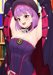 Rule 34 | 1girl, absurdres, armpits, arms up, bare shoulders, beret, black dress, breasts, commission, cowboy shot, detached collar, dress, fate/grand order, fate (series), flat chest, hat, helena blavatsky (fate), highres, jacket, kirinkirin, looking at viewer, non-web source, purple eyes, purple hair, short hair, small breasts, smile, solo, strapless