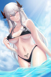 Rule 34 | 1girl, :q, absurdres, bare shoulders, bikini, black bikini, breasts, clero (viprimo), cloud, collarbone, grey hair, hair between eyes, halterneck, highres, horns, indie virtual youtuber, large breasts, long hair, navel, pink eyes, pointy ears, pubic tattoo, sky, solo, stomach, swimsuit, tattoo, tongue, tongue out, vei (vtuber), virtual youtuber, wading, water, wet