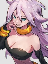 Rule 34 | 1girl, android 21, bare shoulders, blue eyes, bracelet, breasts, choker, cleavage, collarbone, dragon ball, dragon ball fighterz, earrings, grey background, hair between eyes, jewelry, kemachiku, large breasts, long hair, looking at viewer, majin android 21, midriff, pink hair, simple background, smile, solo, upper body, yellow choker
