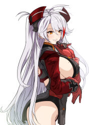 Rule 34 | 1girl, ahoge, azur lane, breasts, hey taisyou, highres, large breasts, long hair, long sleeves, mole, mole on breast, multicolored hair, orange eyes, pelvic curtain, prinz eugen (azur lane), profile, smile, solo, striped hair, twintails, two-tone gloves, two-tone hair, very long hair, white background, white hair