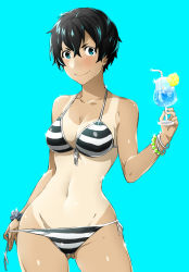 Rule 34 | 1girl, aqua background, arizuka (catacombe), bikini, black hair, blue eyes, bracelet, breasts, cleavage, contrapposto, cowboy shot, drink, drinking straw, front-tie top, glass, gluteal fold, highres, jewelry, looking at viewer, navel, one-piece tan, original, scrunchie, short hair, side-tie bikini bottom, simple background, smile, solo, sparkle, standing, striped bikini, striped clothes, swimsuit, tan, tanline, untied, wrist scrunchie