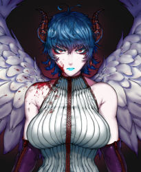 Rule 34 | 1girl, blood, blue hair, blue lips, blue lips, breasts, closed mouth, commentary, elbow gloves, english commentary, eyeshadow, feathered wings, gloves, highres, horns, large breasts, lipstick, looking at viewer, makeup, original, red background, red eyes, ribbed sweater, ringed eyes, short hair, solo, spread wings, sweater, the golden smurf, wings