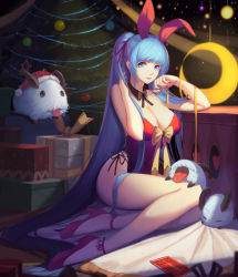 Rule 34 | 1girl, animal ears, bad id, bad pixiv id, blue eyes, blue hair, breasts, christmas, cleavage, crimson k night, dress, helic (7317helic), high heels, highres, huge breasts, league of legends, legs, long hair, looking at viewer, matching hair/eyes, nail polish, ponytail, poro (league of legends), rabbit ears, ribbon, smile, solo, sona (league of legends), thighs, very long hair