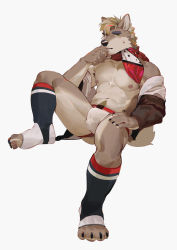 Rule 34 | 1boy, abs, animal ears, bara, bare pectorals, body fur, bulge, dog boy, dog ears, dog tail, edging underwear, full body, furry, furry male, highres, jacket, jacket partially removed, jockstrap, kneehighs, light brown hair, looking at viewer, male focus, male underwear, muscular, muscular male, navel, navel hair, nipples, no pants, no shirt, original, pectorals, seato-hao, short hair, snout, socks, solo, stomach, sweatdrop, tail, thick eyebrows, thick thighs, thighs, underwear, white male underwear, wrinkled skin