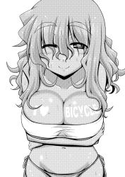 Rule 34 | 10s, 1girl, bandeau, bikini, blush, breasts, closed mouth, collarbone, english text, greyscale, hair over eyes, heart, heart-shaped pupils, ichinose yayoi, large breasts, leaning forward, long hair, long riders!, looking at viewer, miyake taishi, monochrome, navel, official art, smile, solo, swimsuit, symbol-shaped pupils, tan, thick eyebrows