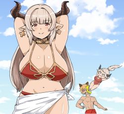 Rule 34 | 10s, 1boy, 2girls, adapted costume, alicia (granblue fantasy), aliza (granblue fantasy), animal ears, arms behind head, arms up, bad id, bad pixiv id, bikini, blue sky, blush, breasts, cat ears, cleavage, cloud, collarbone, cross, cross earrings, curvy, day, draph, drop kick, earrings, erune, eyebrows, flying kick, ghostdoctor, granblue fantasy, groin, hair intakes, horns, huge breasts, in the face, jealous, jewelry, kicking, large breasts, long hair, looking at viewer, mature female, mother and daughter, multiple girls, navel, one-piece swimsuit, outdoors, pointy ears, ponytail, red bikini, red eyes, sagging breasts, sarong, silver hair, sky, smile, solo focus, spitting, spitting blood, stan (granblue fantasy), swimsuit, underboob