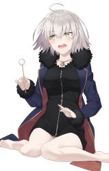 Rule 34 | 1girl, ahoge, black dress, blue jacket, blush, breasts, collarbone, commentary request, dress, fate/apocrypha, fate/grand order, fate (series), fur-trimmed jacket, fur-trimmed sleeves, fur trim, hair between eyes, hayashi kewi, head tilt, holding, jacket, jeanne d&#039;arc (fate), jeanne d&#039;arc alter (fate), jeanne d&#039;arc alter (ver. shinjuku 1999) (fate), jewelry, lap pillow invitation, large breasts, long sleeves, looking at viewer, looking away, looking to the side, mimikaki, necklace, official alternate costume, open clothes, open jacket, open mouth, short dress, short hair, silver hair, simple background, sitting, solo, tsundere, white background, yellow eyes