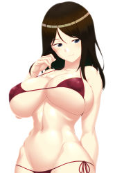Rule 34 | 1girl, absurdres, bare shoulders, bikini, blue eyes, blush, breasts, brown hair, cleavage, closed mouth, collarbone, girls und panzer, hair between eyes, highres, large breasts, long hair, looking at viewer, micro bikini, navel, nonna (girls und panzer), parted bangs, red bikini, simple background, smile, solo, swimsuit, tro, white background