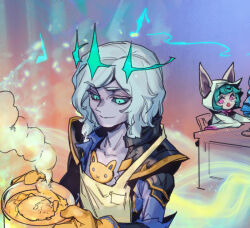 Rule 34 | 1boy, 1girl, alternate costume, apron, black jacket, black sclera, collarbone, colored sclera, colored skin, cooking, ears through headwear, food, green eyes, green hair, grey hair, grey skin, holding, holding cooking pot, hood, hood up, hoodie, jacket, league of legends, long sleeves, medium hair, multicolored background, phantom ix row, ruined (league of legends), short hair, smile, table, vex (league of legends), viego (league of legends)