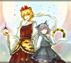 Rule 34 | 2girls, animal ears, animal print, arm behind back, bishamonten&#039;s pagoda, black hair, blonde hair, bloomers, blush, capelet, cat ears, cat tail, closed eyes, grey hair, hair ornament, holding hands, jewelry, kemonomimi mode, long sleeves, mikikoto hitsuji, mouse ears, mouse tail, multicolored hair, multiple girls, nazrin, one eye closed, pendant, red eyes, short hair, skirt, smile, tail, tiger ears, tiger print, tiger tail, toramaru shou, touhou, two-tone hair, underwear, wink