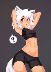 Rule 34 | 1girl, ?, animal ears, armpits, arms behind head, bike shorts, contrapposto, crop top, deel (rkeg), highres, looking to the side, marinya, midriff, navel, open mouth, original, purple eyes, short hair, sleeveless, solo, spoken question mark, standing, tail, turtleneck, white hair, wolf ears, wolf tail
