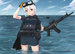 Rule 34 | adjusting eyewear, ammunition pouch, assault rifle, astraglgunner, black gloves, blue bodysuit, boat, bodysuit, diving, diving mask, diving mask on head, diving regulator, diving suit, flippers, frogman, gloves, goggles, goggles on head, grey hair, gun, highres, holding, holding gun, holding weapon, in water, inflatable boat, magazine (weapon), military, original, oxygen tank, pouch, rebreather, red eyes, rifle, scope, scuba, scuba gear, scuba tank, smile, two-tone gloves, watercraft, weapon, wetsuit, yellow gloves