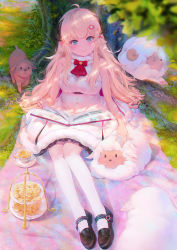 Rule 34 | 1girl, ahoge, andychen, animal, animal ears, black footwear, blonde hair, blue eyes, blurry, blurry foreground, blush, book, breasts, chips (food), closed mouth, commentary request, day, dress, food, full body, fur-trimmed dress, fur trim, grass, hair ornament, hairclip, highres, hololive, horns, kneehighs, large breasts, loafers, long hair, looking at viewer, md5 mismatch, open book, outdoors, petting, potato chips, resolution mismatch, revision, sheep, sheep ears, sheep girl, sheep horns, shoes, sitting, sleeveless, sleeveless dress, smile, socks, solo, source smaller, tiered tray, tsunomaki watame, tsunomaki watame (1st costume), very long hair, virtual youtuber, white dress, white socks