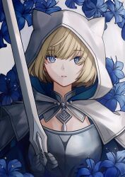 Rule 34 | 1girl, absurdres, blonde hair, blue eyes, blue flower, breasts, brown dust 2, chest armor, cloak, eyebrows hidden by hair, flower, hair between eyes, hair over eyes, highres, holding, holding sword, holding weapon, hood, hooded cloak, jewelry, justia (brown dust), looking at viewer, medium breasts, necklace, open mouth, pearl necklace, short hair, small horns, solo, sword, upper body, user ejrh4545, weapon