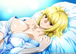 Rule 34 | 1girl, blonde hair, blue background, breasts, brown eyes, cleavage, collarbone, large breasts, lips, looking at viewer, lying, marguerite (one piece), nel-zel formula, nipple slip, nipples, on back, one piece, pillow, short hair, smile, solo, upper body