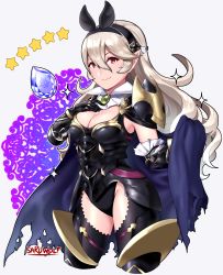 Rule 34 | 1girl, absurdres, animal ears, armor, armored leotard, bat ears, black armor, blonde hair, breasts, cape, cleavage, corrin (female) (fire emblem), corrin (fire emblem), cropped legs, fake animal ears, fire emblem, fire emblem fates, fire emblem heroes, gauntlets, hairband, highres, large breasts, long hair, looking at viewer, nintendo, official alternate costume, pointy ears, sarukaiwolf, slit pupils, smile, solo, thighhighs, thighs, torn cape, torn clothes