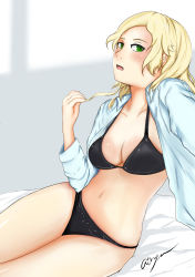 Rule 34 | 1girl, absurdres, aikiyun, arm support, black bra, black panties, blonde hair, blush, bra, breasts, cleavage, dress shirt, glynda goodwitch, green eyes, grey background, highres, long hair, medium breasts, navel, open clothes, panties, playing with own hair, rwby, shirt, short hair, signature, solo, thighhighs, underwear