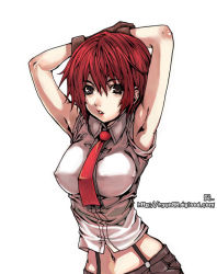 Rule 34 | 1girl, armpits, arms up, gloves, midriff, navel, necktie, red hair, short hair, snk, solo, the king of fighters, vanessa (kof)