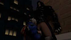 Rule 34 | 2boys, against wall, animated, animated gif, bara, erection, fellatio, hand on another&#039;s head, male focus, mask, multiple boys, oral, outdoors, overwatch, overwatch 1, penis, public indecency, reaper (overwatch), silver hair, soldier: 76 (overwatch), source filmmaker (medium), testicle grab, yaoi