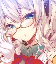 Rule 34 | 10s, 1girl, :o, ?, adjusting eyewear, blue eyes, blush, eyebrows, glasses, kantai collection, kashima (kancolle), looking at viewer, mitsumomo mamu, open mouth, short hair, silver hair, solo, speech bubble, spoken question mark, twintails
