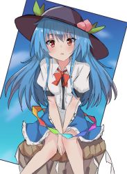 Rule 34 | 1girl, black hat, blue hair, blue skirt, blue sky, bow, bowtie, cloud, food, fruit, gradient sky, hat, highres, hinanawi tenshi, keystone, leaf, long hair, looking at viewer, nono54558, one-hour drawing challenge, open mouth, outdoors, peach, rainbow order, red bow, red bowtie, red eyes, shirt, sitting, skirt, sky, solo, touhou, v arms, white shirt