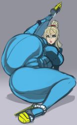 Rule 34 | 1girl, 2020, abs, absurdres, ass, blonde hair, bodysuit, breasts, cameltoe, cleft of venus, green eyes, grey background, highres, impossible bodysuit, impossible clothes, large breasts, live for the funk, lying, metroid, nintendo, ponytail, samus aran, sketch, zero suit
