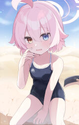 Rule 34 | 1girl, absurdres, abydos high school swimsuit, ahoge, bare arms, bare legs, bare shoulders, black one-piece swimsuit, blue archive, blue eyes, blush, day, desert, hair between eyes, halo, heterochromia, highres, hoshino (blue archive), hoshino (young) (blue archive), looking at viewer, one-piece swimsuit, open mouth, outdoors, pink hair, pink halo, school swimsuit, shiroron mochi, short hair, solo, swimsuit, yellow eyes