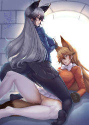Rule 34 | 2girls, animal ear fluff, animal ears, arm support, ass, black gloves, black hair, black pantyhose, black skirt, blackmoon, blue jacket, bow, bowtie, breast pocket, breasts, brown eyes, brown hair, cameltoe, day, extra ears, ezo red fox (kemono friends), fox ears, fox girl, fox tail, fur-trimmed sleeves, fur trim, furrowed brow, girl on top, gloves, gradient legwear, grey hair, hair between eyes, hand on own chest, hand up, highres, impossible clothes, impossible jacket, indoors, jacket, kemono friends, knee up, kneeling, large breasts, long hair, long sleeves, looking at viewer, lying, microskirt, multicolored hair, multiple girls, necktie, no shoes, on back, orange hair, orange jacket, pantyhose, parted lips, pleated skirt, pocket, sidelocks, signature, silver fox (kemono friends), skirt, spread legs, swept bangs, tail, two-tone hair, very long hair, white bow, white neckwear, white skirt