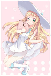 Rule 34 | 1girl, bare arms, blonde hair, blue footwear, blue ribbon, blush, border, braid, character doll, clefairy, closed mouth, collared dress, commentary request, creatures (company), doll, dress, game freak, gen 1 pokemon, green eyes, hand up, hat, hat ribbon, heart, highres, holding, holding doll, kneehighs, lillie (pokemon), long hair, looking at viewer, nasakixoc, nintendo, pokemon, pokemon sm, ribbon, see-through, shoes, simple background, sleeveless, sleeveless dress, socks, sun hat, sundress, twin braids, white background, white border, white dress, white headwear