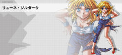 Rule 34 | 1girl, banpresto, blonde hair, blue eyes, character name, denim, full body, hands on own hips, headband, jeans, lune zoldark, pants, red footwear, solo, super robot wars, super robot wars original generation, torn clothes, wristband, zoom layer
