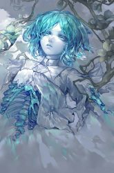 Rule 34 | 1other, absurdres, androgynous, aqua eyes, aqua hair, branch, bud, crystal hair, eyelashes, flower, highres, houseki no kuni, looking at viewer, lying, mzzzzza, on back, other focus, pale skin, parted lips, phosphophyllite, ribs, severed arm, severed limb, severed torso, shards, shirt, short hair, solo, spine, torn clothes, torn shirt, torn sleeves, white shirt