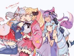 Rule 34 | 4girls, animal ears, artist name, bag, bell, blonde hair, blue hair, blush, bow, bowtie, breasts, brown eyes, cat ears, cat girl, cat tail, cheek-to-cheek, commentary request, copyright name, dated, delmin (show by rock!!), dress, drill hair, closed eyes, fang, flower, fox ears, fox girl, fox tail, hair flower, hair ornament, hair ribbon, holding hands, heads together, horns, howan (show by rock!!), hug, hug from behind, jacket, jingle bell, large breasts, long hair, mashima himeko (show by rock!!), medium breasts, multiple girls, nail polish, oni horns, open mouth, pnd pon, purple hair, ribbon, ruhuyu (show by rock!!), satchel, show by rock!!, simple background, skirt, small breasts, smile, tail, thighhighs, very long hair, white background, white hair, wolf ears, wolf girl, wolf tail, yuri