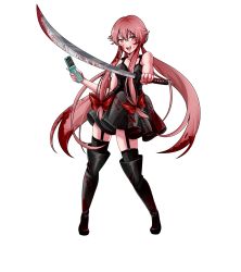 Rule 34 | 1girl, :d, black dress, black footwear, black thighhighs, blood, blood on clothes, blood on face, bloody weapon, boots, bow, cellphone, collarbone, dress, flip phone, floating hair, full body, garter straps, gasai yuno, hair between eyes, hair bow, highres, holding, holding phone, holding sword, holding weapon, katana, long hair, looking at viewer, mirai nikki, open mouth, phone, pink eyes, pink hair, pleated dress, red bow, short dress, simple background, sleeveless, sleeveless dress, smile, solo, standing, suzukage liny, sword, thigh boots, thighhighs, thighhighs under boots, very long hair, weapon, white background, zettai ryouiki