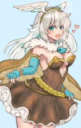 Rule 34 | 1girl, alchemist (ragnarok online), blue background, blue eyes, blue gloves, blush, breasts, brown cape, brown dress, cape, commentary request, cowboy shot, curtsey, dress, elbow gloves, fake wings, feathered wings, fingerless gloves, frilled dress, frills, fur collar, gloves, hairband, heart, jewelry, long hair, looking at viewer, magatama, magatama necklace, medium breasts, misuguu, necklace, open mouth, ragnarok online, short dress, simple background, smile, solo, strapless, strapless dress, white hair, white wings, wings, yellow hairband
