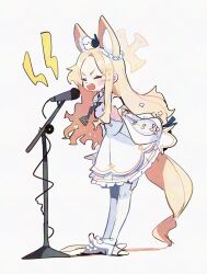 1girl animal animal_ears animal_on_head bird bird_on_head blonde_hair blue_archive blush_stickers closed_eyes detached_sleeves dress forehead fox_ears fox_tail from_side highres long_hair low-cut_armhole microphone microphone_stand on_head open_mouth pantyhose school_uniform seia_(blue_archive) simple_background solo standing striped_clothes striped_pantyhose tail takuan_(taku1219oekaki) twitter_username v-shaped_eyebrows vertical-striped_clothes vertical-striped_pantyhose watermark white_background white_dress white_footwear white_pantyhose