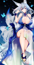 Rule 34 | 1girl, alternate costume, animal ear fluff, animal ears, azur lane, bare shoulders, blue butterfly, blue dress, blush, breasts, bug, butterfly, cleavage, criss-cross halter, dress, feather boa, fox ears, full body, hachimitsu hinako, hair between eyes, hair ornament, halter dress, halterneck, hand up, highres, huge breasts, insect, long hair, looking at viewer, purple eyes, shinano (azur lane), shinano (dreams of the hazy moon) (azur lane), side slit, sidelocks, sitting, sleeveless, solo, tail, thighs, very long hair, wrist cuffs