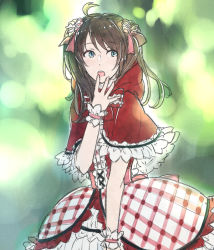 Rule 34 | 10s, 1boy, bow, brown hair, dress, egawa satsuki, finger to mouth, frilled dress, frills, gloves, green eyes, hair bow, hood, idolmaster, idolmaster side-m, looking to the side, male focus, mizushima saki, red hood, solo, trap, twintails