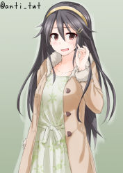 Rule 34 | 10s, 1girl, anti (untea9), black hair, brown jacket, casual, collarbone, cowboy shot, dress, green dress, hair ornament, hairband, haruna (kancolle), highres, jacket, kantai collection, long hair, long sleeves, looking at viewer, open mouth, red eyes, simple background, solo, standing, sweat, tied skirt, twitter username
