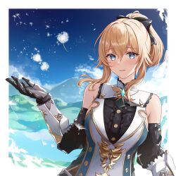 Rule 34 | 1girl, bare shoulders, blonde hair, blue capelet, blue eyes, blue sky, blush, border, bow, breasts, capelet, cloud, dandelion, dandelion seed, day, detached sleeves, flower, genshin impact, hair bow, highres, jean (genshin impact), jean (gunnhildr&#039;s legacy) (genshin impact), large breasts, looking at viewer, mon-chan, mountainous horizon, multicolored capelet, official alternate costume, open mouth, outdoors, outside border, ponytail, sidelocks, sky, smile, solo, white border