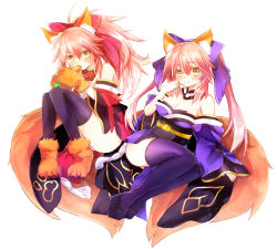 Rule 34 | 10s, 2girls, animal ears, bad id, bad pixiv id, bare shoulders, bell, blue thighhighs, bow, breasts, carrot, cleavage, collar, detached sleeves, eru (948143), fate/extra, fate/grand order, fate (series), food, food in mouth, fox ears, fox tail, hair bow, hair ribbon, japanese clothes, large breasts, long hair, looking at viewer, multiple girls, neck bell, pink hair, ribbon, simple background, tail, tamamo (fate), tamamo cat (fate), tamamo cat (first ascension) (fate), tamamo no mae (fate/extra), thighhighs, twintails, white background, yellow eyes