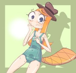Rule 34 | 1girl, blue eyes, blush, cameltoe, candace gertrude flynn, cosplay, covered navel, disney, embarrassed, green background, hat, k-nattoh, long hair, looking at viewer, navel, one-piece swimsuit, orange hair, perry the platypus, perry the platypus (cosplay), phineas and ferb, platypus tail, school swimsuit, shadow, solo, swimsuit, tail, tears, wavy mouth