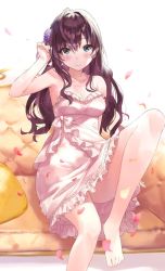Rule 34 | 1girl, ahoge, bare shoulders, barefoot, blue eyes, blush, breasts, brown hair, bvucki36gzoeq1c, cleavage, collarbone, couch, dress, feet, flower, frills, hair flower, hair ornament, hand in own hair, highres, ichinose shiki, idolmaster, idolmaster cinderella girls, idolmaster cinderella girls starlight stage, knee up, legs, long hair, looking at viewer, medium breasts, petals, pillow, simple background, sitting, smile, solo, thighs, wavy hair, white background, white dress